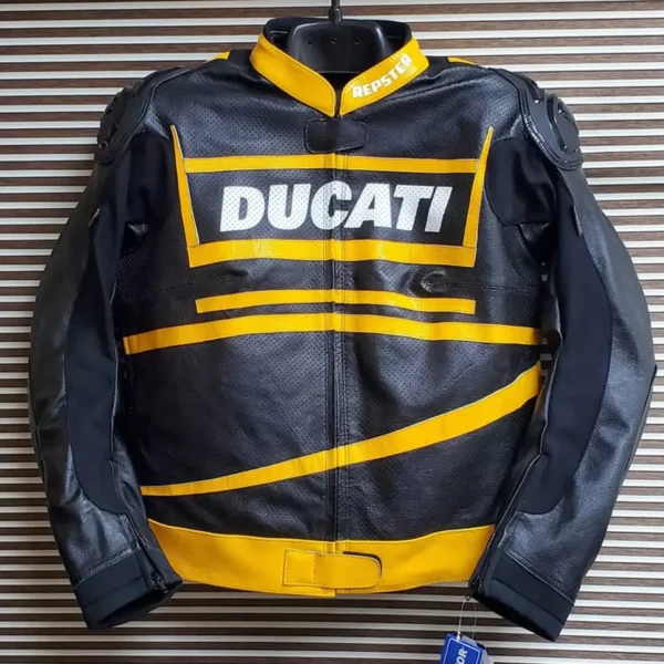 Ducati-Motorcycle-Leather-Jacket-Black-Yellow-MotoGP-Racing-Gear-Front-Original