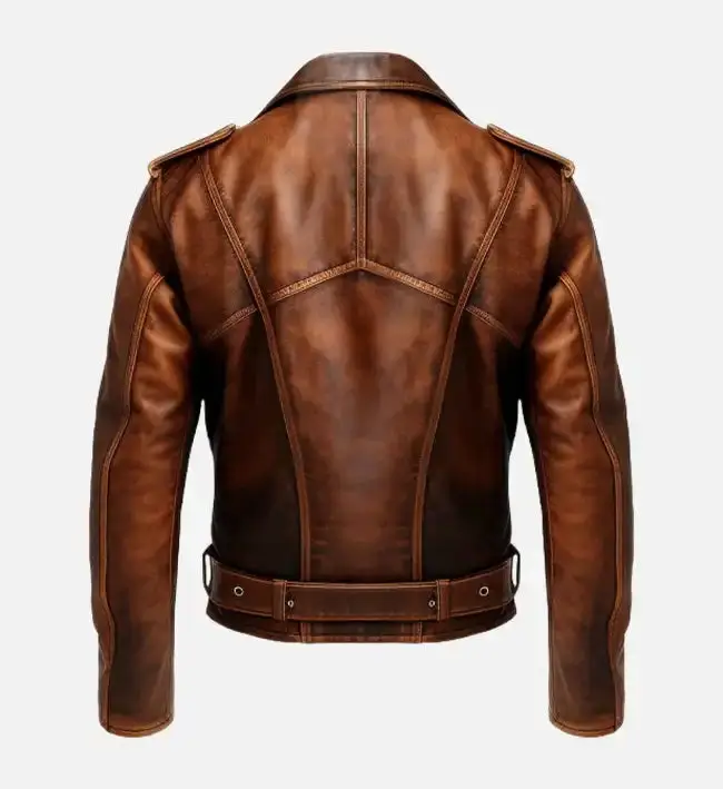 Men’s Vintage Brown Biker Leather Jacket | Distressed Motorcycle Style | Asymmetrical Zipper | Genuine Sheep Leather | Retro Moto Fashion-back
