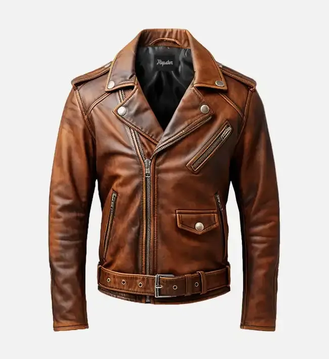 Men’s Vintage Brown Biker Leather Jacket | Distressed Motorcycle Style | Asymmetrical Zipper | Genuine Sheep Leather | Retro Moto Fashion
